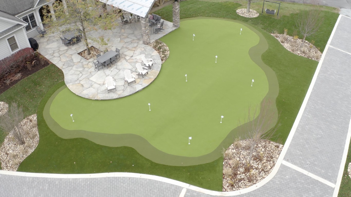 Aerial view of backyard putting green installation in St. Charles, MO
